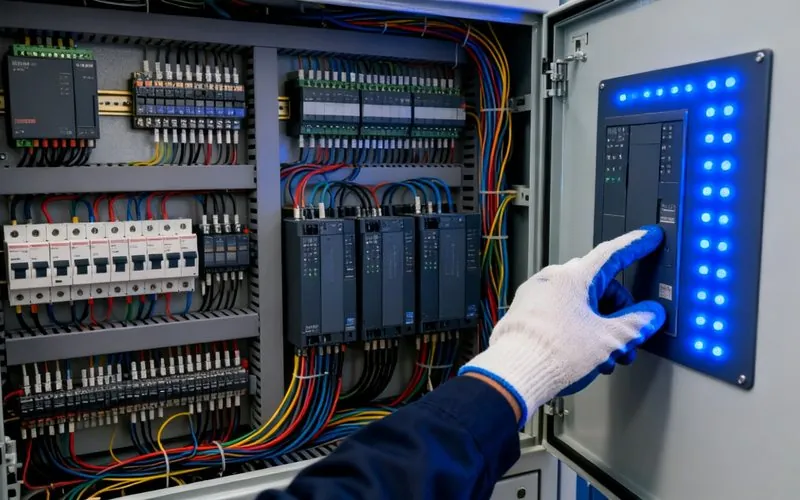 Technicien devant une armoire électrique d'automatisme industriel