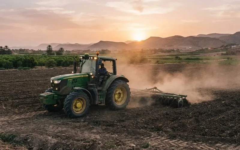Tracteur agricole labourant un champ au lever du soleil au Maroc