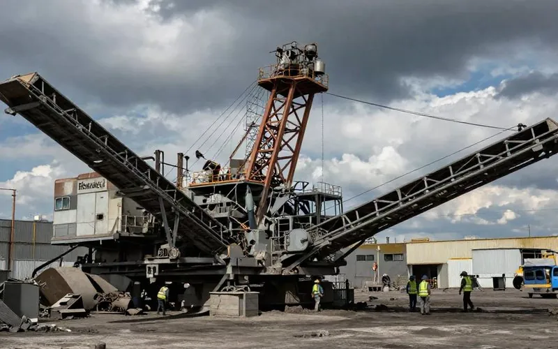 Équipements industriels de cimenterie et convoyeurs avec ouvriers équipés