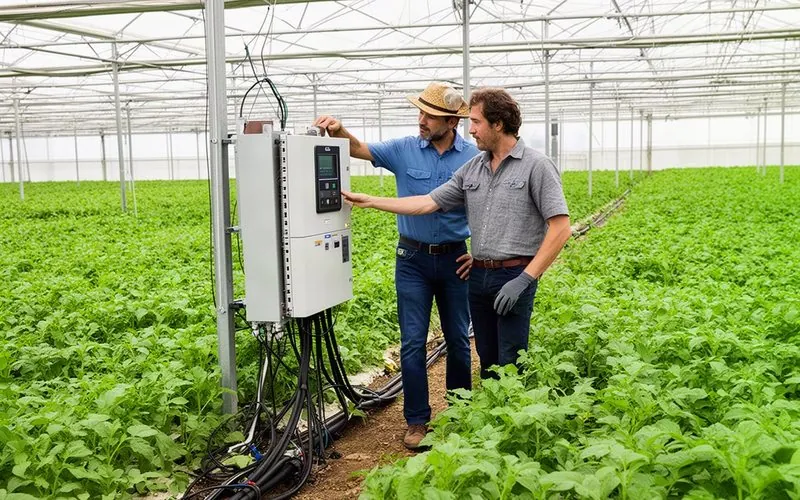 Agriculteur et technicien devant un coffret de commande d'irrigation en serre