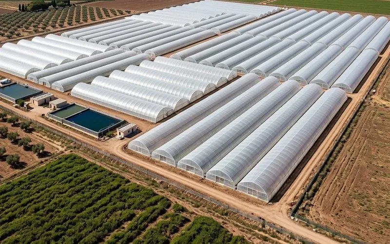 Vue aérienne d'un complexe de serres tunnel multichapelles au Maroc