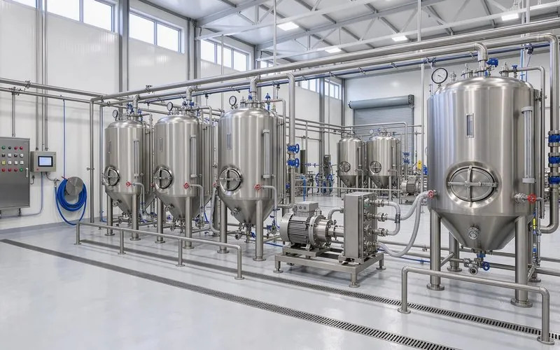 Cuves en inox et tuyauterie dans une unité agroalimentaire