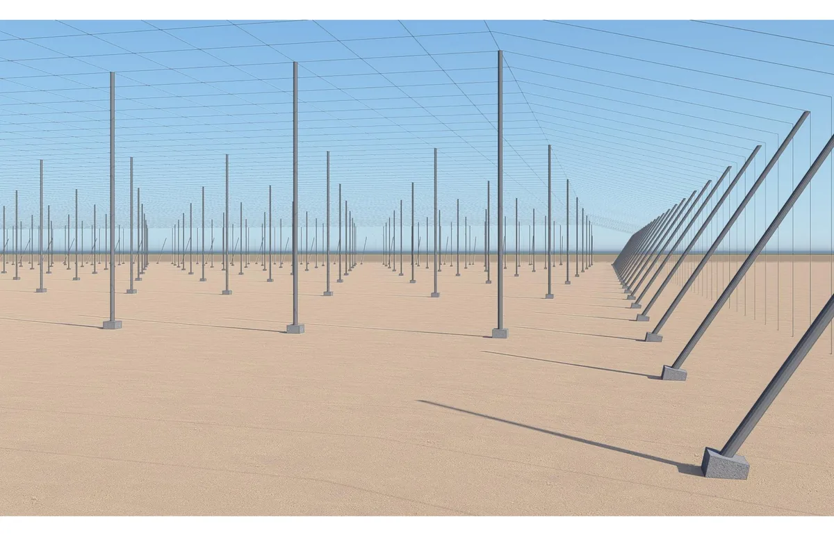 Vue 3D intérieure des poteaux d'une ombrière canarienne