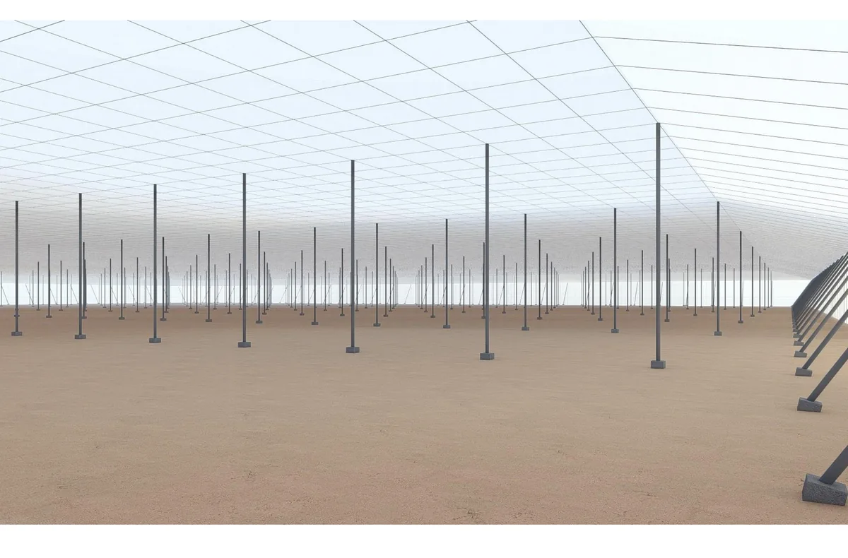 Vue 3D de l'intérieur d'une ombrière canarienne